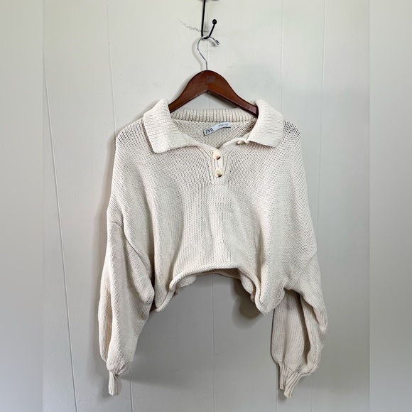 Zara light tan chunky knit cropped long sleeve polo sweater size SM - Picture 6 of 9